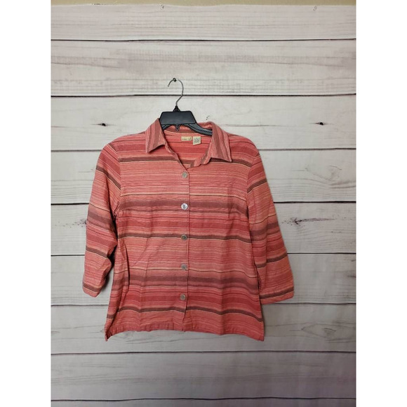 Linden Hill Tops - Linden Hill Womens Longsleeve Pink Brown Striped Collar‎ Buttons 100% Cotton M